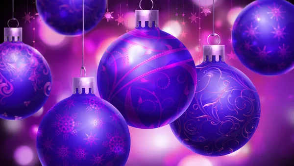 Christmass purple abstract background with big decorated blue balls in foreground. — Stock Photo, Image