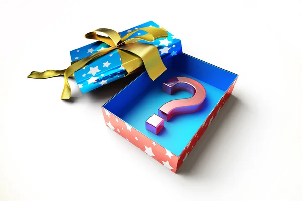 Present box open revealing as content, a big question mark symbo — Stock Photo, Image