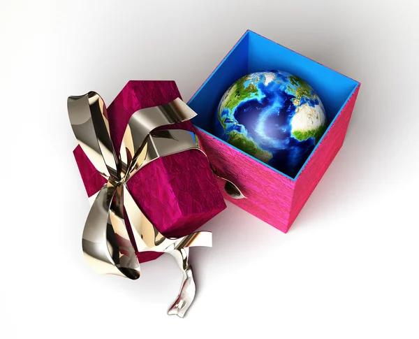 Gift package, with ribboned open cup, with planet earth inside — Stock Photo, Image