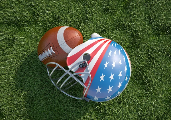 American football helmet decorated as US flag and ball, on the g — Stock Photo, Image