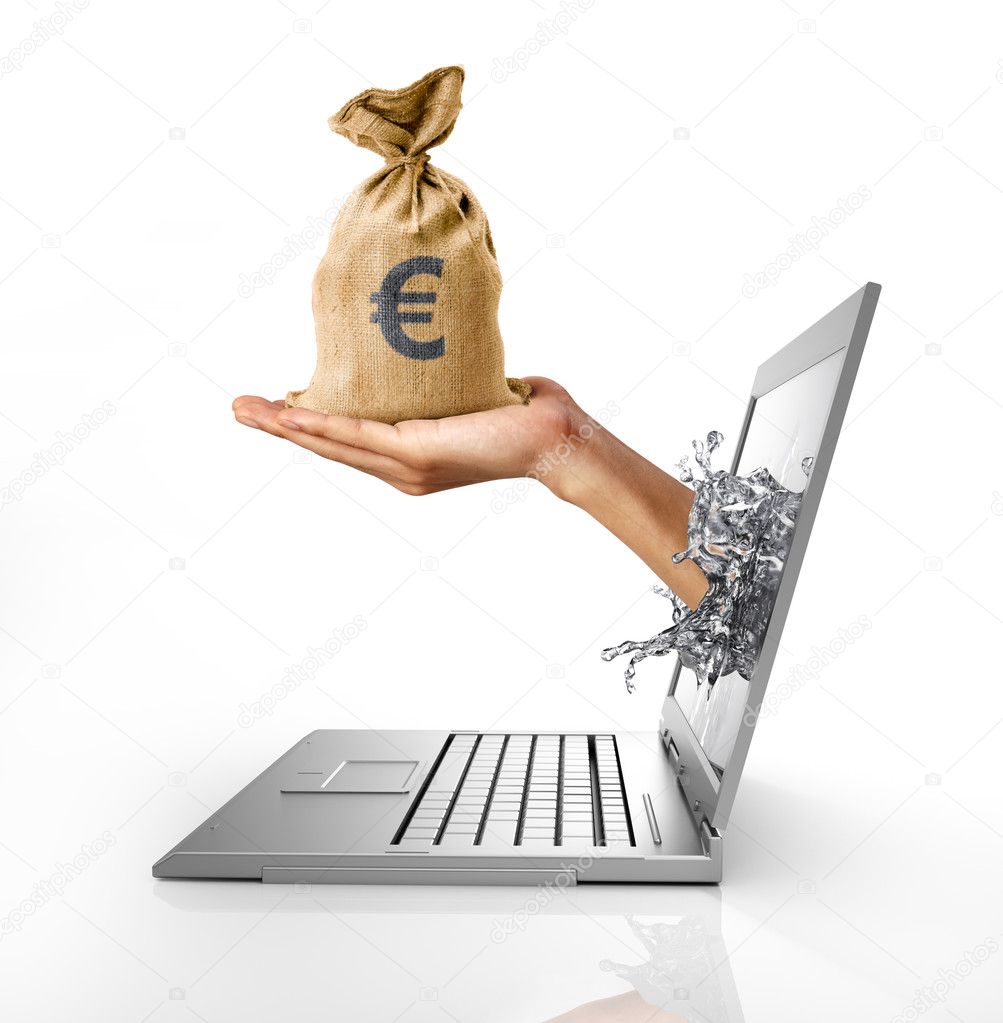 Human hand with a bag of Euros, coming out from computer screen.