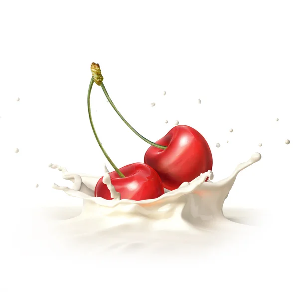 Two red cherries falling into milk splashing. — Stock Photo, Image