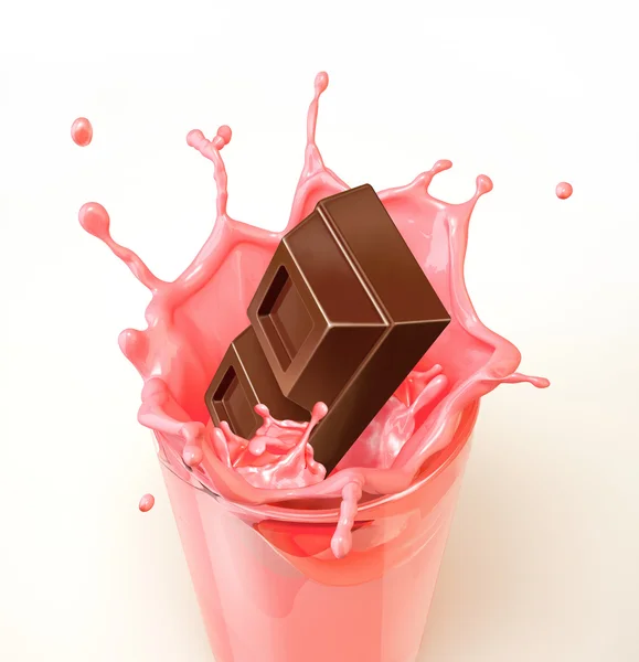 Schokoladenwürfel spritzen in ein Glas voller Erdbeermilch — Stockfoto