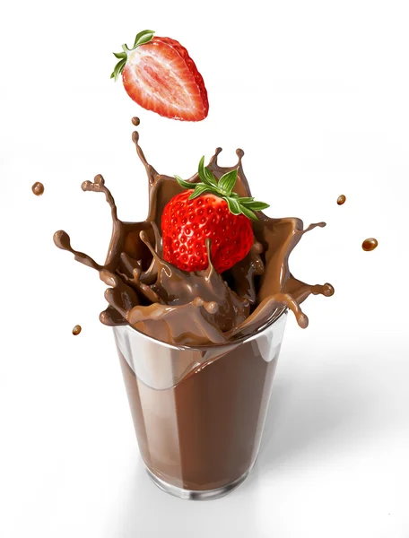 Chocolate cubes splashing into a chocolate milkshake glass. — Stock Photo, Image