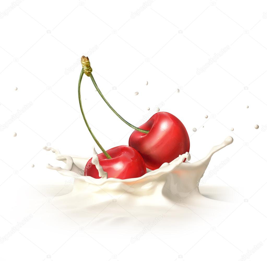 Two red cherries falling into milk splashing. Stock Photo by