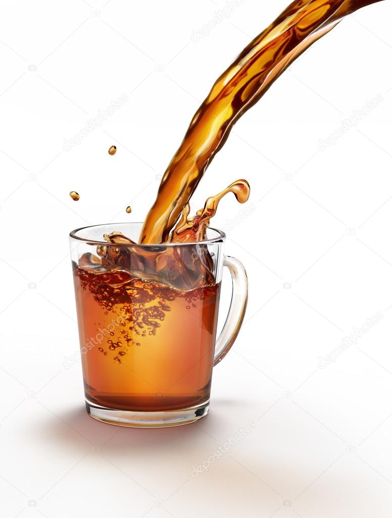 Tea pouring into a glass mug splashing.