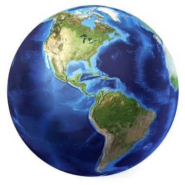 Earth globe, realistic 3 D rendering. Americas view. (Source map clipart