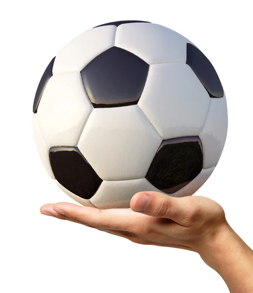 A soccer ball on palm. — Stock Photo, Image