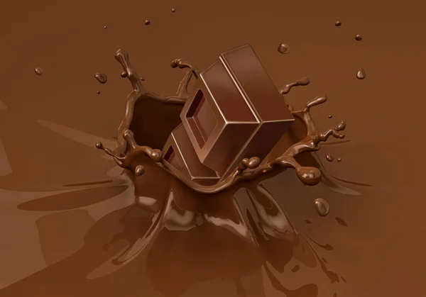 Chocolate falling into chocolate liquid . — Stock Photo, Image