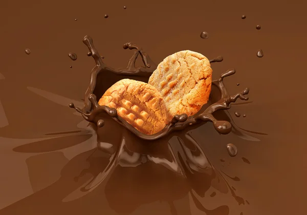 Kekse fallen in Schokoladenflüssigkeit . — Stockfoto