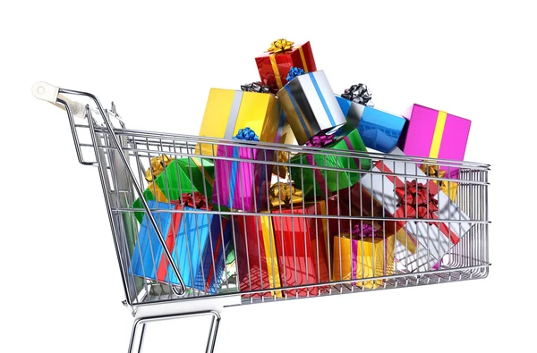 Supermarket trolley full of multicolored gifts. — Stock Photo, Image