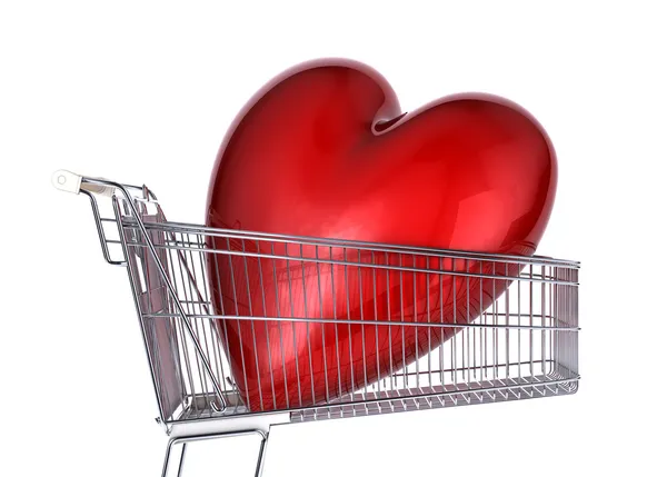 Trole de supermercado com coração vermelho — Fotografia de Stock