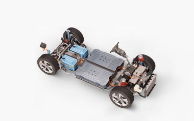 Araba şasisi altında elektrikli araba. Beyaz arkaplanda EV sisteminin tüm ana ayrıntıları.