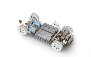 Araba şasisi altında elektrikli araba. Beyaz arkaplanda EV sisteminin tüm ana ayrıntıları.