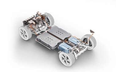 Araba şasisi altında elektrikli araba. Beyaz arkaplanda EV sisteminin tüm ana ayrıntıları.