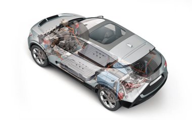 Elektronik jenerik araba teknik kesme 3D görüntüleme. EV sisteminin tüm ana detayları hayalet etkisi altında. Beyaz arkaplanda perspektif üst görünümü.