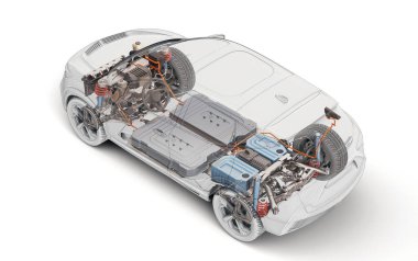 Elektronik jenerik araba teknik kesme 3d çizim ile EV sisteminin tüm ana detayları hayalet etkisi altında. Beyaz arkaplanda perspektif üst görünümü.