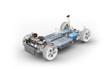 Araba şasisi altında elektrikli araba. Beyaz arkaplanda EV sisteminin tüm ana ayrıntıları.