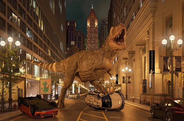 夜の高層ビル環境で車を破壊する街でTレックス恐竜の轟音 — ストック写真