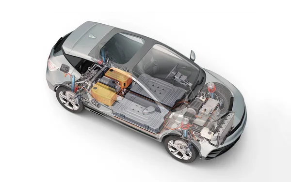 Electric Generic Car Technical Cutaway Rendering All Main Details System — Stock Photo, Image