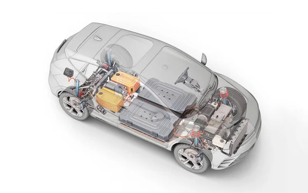Elektrisk Generisk Bil Teknisk Cutaway Rendering Med Alla Viktigaste Detaljerna — Stockfoto