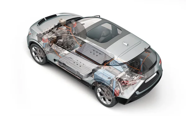 电气通用汽车技术切割3D渲染与所有主要细节的电动汽车系统的幽灵效果 关于白色背景的透视图 — 图库照片