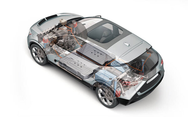 Электрический универсальный автомобиль технический cutaway 3d рендеринг со всеми основными деталями EV системы в призрачном эффекте. Перспективный вид сверху на белый фон.