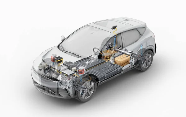 Electric Generic Car Technical Cutaway Rendering All Main Details System — Stock Photo, Image