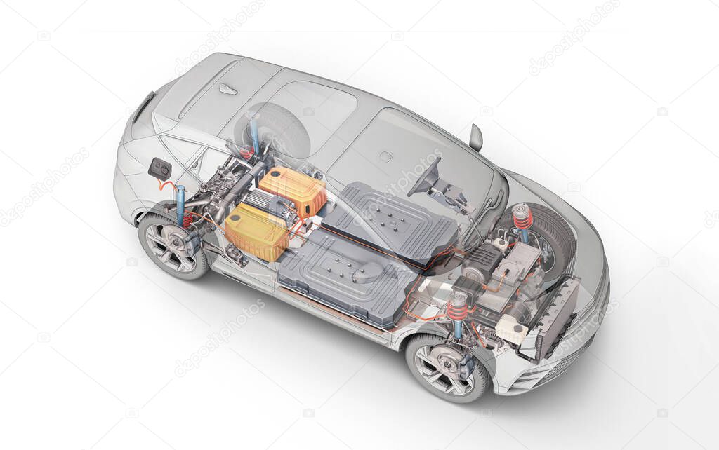 Electric generic car technical cutaway 3d rendering with all main details of EV system in ghost effect with drawing. Perspective top view on white background.