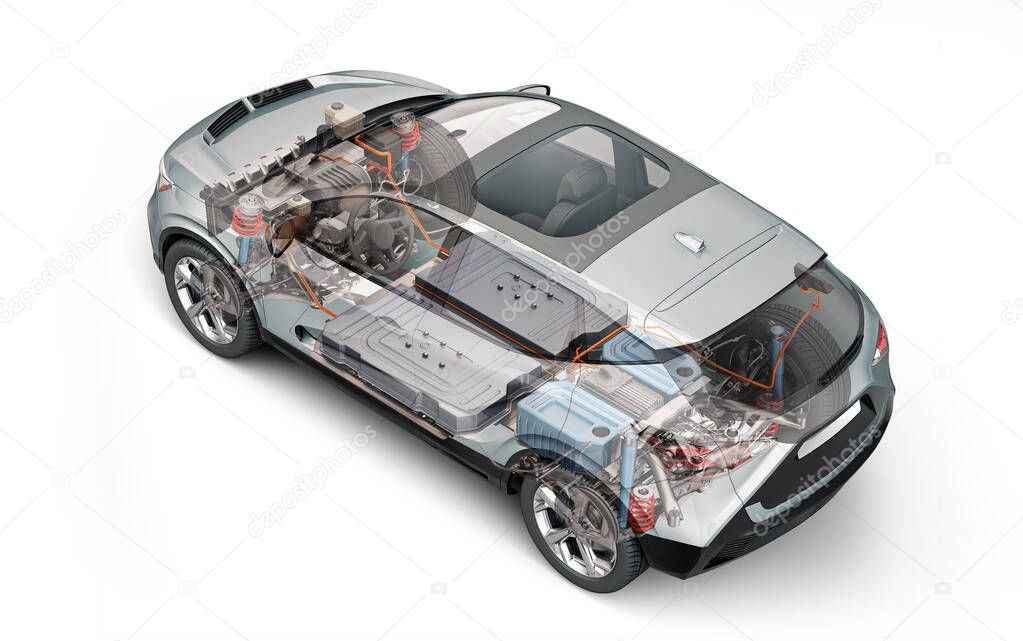 Electric generic car technical cutaway 3d rendering with all main details of EV system in ghost effect. Perspective top view on white background.