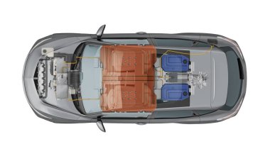 Elektronik jenerik araba teknik kesme 3D görüntüleme. EV sisteminin tüm ana detayları hayalet etkisi altında. Beyaz arkaplanda üst görünüm.