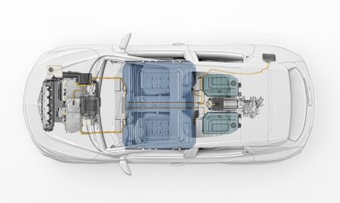 Elektronik jenerik araba teknik kesme 3d çizim ile EV sisteminin tüm ana detayları hayalet etkisi altında. Beyaz arkaplanda üst görünüm.