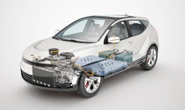 Elektronik jenerik araba teknik kesme 3D görüntüleme. EV sisteminin tüm ana detayları hayalet etkisi altında. Beyaz arkaplanda perspektif görünümü.