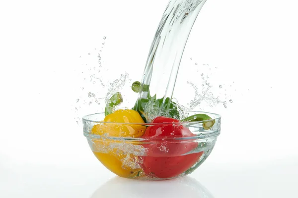 Waterfall Pouring Glass Bowl Multicolored Peppers Splashes White Background — Stock Photo, Image