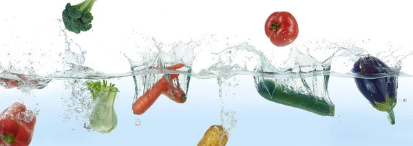 Mix Different Vegetables Splashing Water Side Panoramic View White Background — Stock Photo, Image