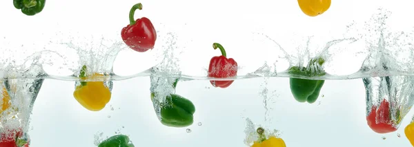 Many Multi Colored Peppers Splashing Water Side Panoramic View White Stock Image