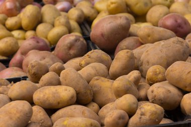 Mutfakta önemli bir malzeme olan patatesler bir pazar kutusunda.