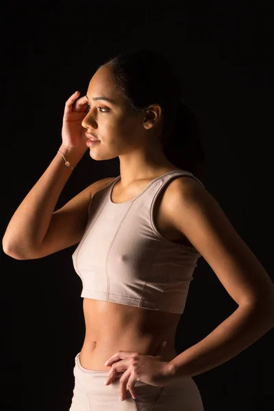 Intimate Photo Woman Sports Clothes Black Background — Stock Photo, Image