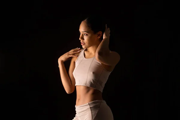 Intimate Photo Woman Sports Clothes Black Background — Stock Photo, Image