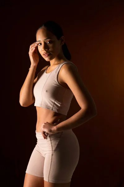 Intimate Photo Woman Sports Clothes Black Background — Stock Photo, Image