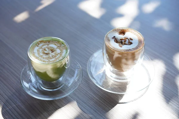 Thé Vert Chaud Café Verre Transparent Sur Table Dans Café — Photo