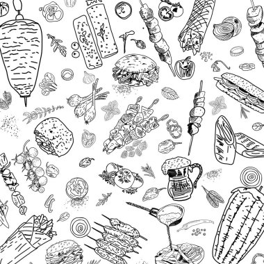 Shawarma yemeği ve kebap malzemeleri. Donör kebabının kusursuz deseni. 