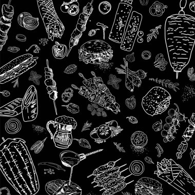 Shawarma yemeği ve kebap malzemeleri. Donör kebabının kusursuz deseni. 