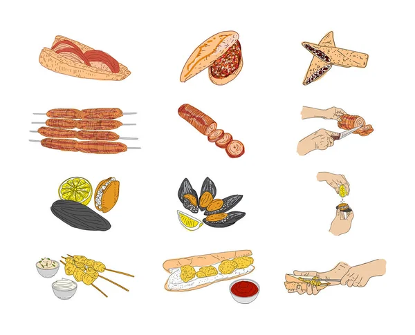 Kokorec Stuffed Mussels Fried Mussels Hand Drawn Vector Design — ストックベクタ