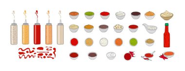 Bowl with sauce set, hand drawn vector design.
