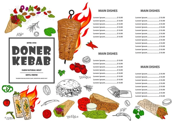 Tischset Menü Restaurant Döner Kebab Broschüre — Stockvektor