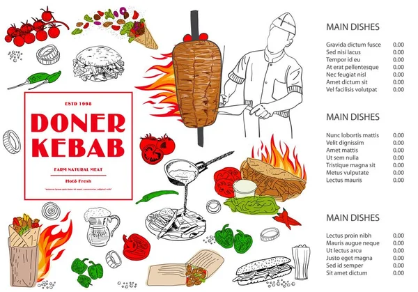 Tischset Menü Restaurant Döner Kebab Broschüre — Stockvektor