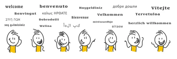 Stick Figures Welcome Various World Languages Text Welcome Vector — Stock Vector