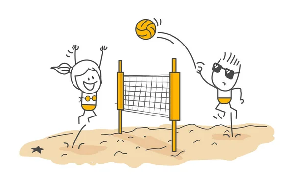 Stick Figures Boy Girl Playing Beach Volleyball — Stock Vector