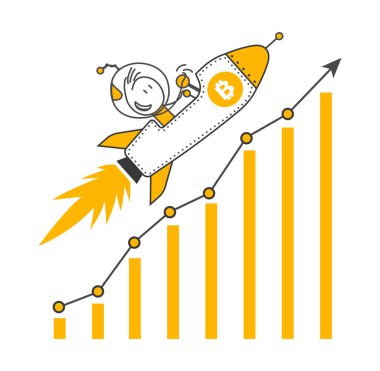 Çubuk şekiller Bitcoin uzay gemisi uçuyor. 